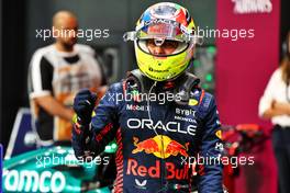 Sergio Perez (MEX) Red Bull Racing celebrates his pole position in qualifying parc ferme. 18.03.2023. Formula 1 World Championship, Rd 2, Saudi Arabian Grand Prix, Jeddah, Saudi Arabia, Qualifying Day.