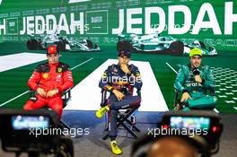 (L to R): Charles Leclerc (MON) Ferrari; Sergio Perez (MEX) Red Bull Racing; and Fernando Alonso (ESP) Aston Martin F1 Team, in the post qualifying FIA Press Conference.  18.03.2023. Formula 1 World Championship, Rd 2, Saudi Arabian Grand Prix, Jeddah, Saudi Arabia, Qualifying Day.