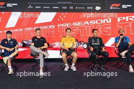 The FIA Press Conference (L to R): Yuki Tsunoda (JPN) AlphaTauri; Nico Hulkenberg (GER) Haas F1 Team; Oscar Piastri (AUS) McLaren; George Russell (GBR) Mercedes AMG F1; and Alexander Albon (THA) Williams Racing, in the FIA Press Conference. 24.02.2023. Formula 1 Testing, Sakhir, Bahrain, Day Two.