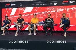 The FIA Press Conference (L to R): Yuki Tsunoda (JPN) AlphaTauri; Nico Hulkenberg (GER) Haas F1 Team; Oscar Piastri (AUS) McLaren; George Russell (GBR) Mercedes AMG F1; and Alexander Albon (THA) Williams Racing, in the FIA Press Conference. 24.02.2023. Formula 1 Testing, Sakhir, Bahrain, Day Two.