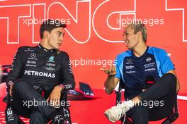 (L to R): George Russell (GBR) Mercedes AMG F1 and Alexander Albon (THA) Williams Racing, in the FIA Press Conference. 24.02.2023. Formula 1 Testing, Sakhir, Bahrain, Day Two.