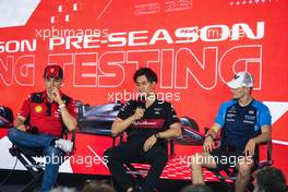 (L to R): Charles Leclerc (MON) Ferrari; Zhou Guanyu (CHN) Alfa Romeo F1 Team; and Logan Sargeant (USA) Williams Racing, in the FIA Press Conference. 25.02.2023. Formula 1 Testing, Sakhir, Bahrain, Day Three.