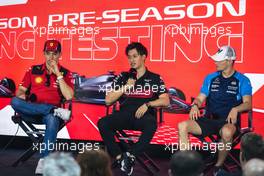 (L to R): Charles Leclerc (MON) Ferrari; Zhou Guanyu (CHN) Alfa Romeo F1 Team; and Logan Sargeant (USA) Williams Racing, in the FIA Press Conference. 25.02.2023. Formula 1 Testing, Sakhir, Bahrain, Day Three.