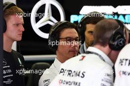 Mick Schumacher (GER) Mercedes AMG F1 Reserve Driver and Toto Wolff (GER) Mercedes AMG F1 Shareholder and Executive Director. 25.02.2023. Formula 1 Testing, Sakhir, Bahrain, Day Three.