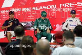 (L to R): Sergio Perez (MEX) Red Bull Racing; Felipe Drugovich (BRA) Aston Martin F1 Team, Reserve and Development Programme Driver; Esteban Ocon (FRA) Alpine F1 Team, in the FIA Press Conference. 23.02.2023. Formula 1 Testing, Sakhir, Bahrain, Day One.