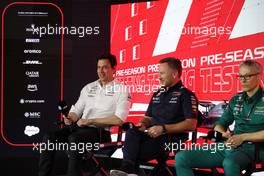 (L to R): Toto Wolff (GER) Mercedes AMG F1 Shareholder and Executive Director; Christian Horner (GBR) Red Bull Racing Team Principal; and Mike Krack (LUX) Aston Martin F1 Team, Team Principal, in the FIA Press Conference. 23.02.2023. Formula 1 Testing, Sakhir, Bahrain, Day One.