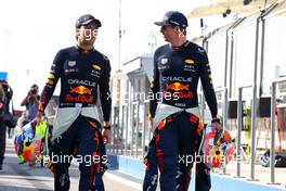 (L to R): Sergio Perez (MEX) Red Bull Racing and team mate Max Verstappen (NLD) Red Bull Racing. 23.02.2023. Formula 1 Testing, Sakhir, Bahrain, Day One.