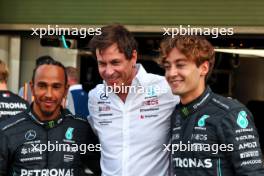 (L to R): Lewis Hamilton (GBR) Mercedes AMG F1 with Toto Wolff (GER) Mercedes AMG F1 Shareholder and Executive Director and George Russell (GBR) Mercedes AMG F1. 23.11.2023. Formula 1 World Championship, Rd 23, Abu Dhabi Grand Prix, Yas Marina Circuit, Abu Dhabi, Preparation Day.