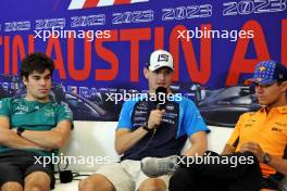 (L to R): Lance Stroll (CDN) Aston Martin F1 Team; Logan Sargeant (USA) Williams Racing; and Lando Norris (GBR) McLaren, in the FIA Press Conference. 19.10.2023. Formula 1 World Championship, Rd 19, United States Grand Prix, Austin, Texas, USA, Preparation Day.