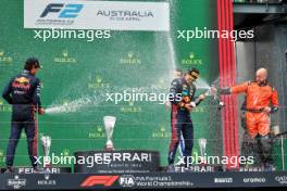 The podium (L to R): Jak Crawford (USA) Hitech Pule-Eight, second; Dennis Hauger (DEN) MP Motorsport, race winner; Kush Maini (IND) Campos Racing, third. 01.04.2023. FIA Formula 2 Championship, Rd 3, Sprint Race, Melbourne, Australia, Saturday.