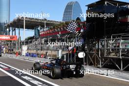 Juan Manuel Correa (USA) Van Amersfoort Racing takes the chequered flag at the end of the race in the pit lane. 29.04.2023. FIA Formula 2 Championship, Rd 4, Sprint Race, Baku, Azerbaijan, Saturday.