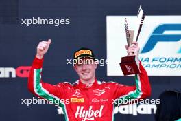 Frederik Vesti (DEN) Prema Racing celebrates his second position on the podium. 29.04.2023. FIA Formula 2 Championship, Rd 4, Sprint Race, Baku, Azerbaijan, Saturday.