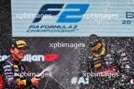 (L to R): Second placed Enzo Fittipaldi (BRA) Rodin Carlin celebrates with third placed Theo Pourchaire (FRA) ART Grand Prix on the podium. 30.04.2023. FIA Formula 2 Championship, Rd 4, Feature Race, Baku, Azerbaijan, Sunday.