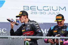 (L to R): Theo Pourchaire (FRA) ART Grand Prix celebrates his second position on the podium with race winner Jack Doohan (AUS) Virtuosi Racing. 30.07.2023. Formula 2 Championship, Rd 11, Feature Race, Spa-Francorchamps, Belgium, Sunday.