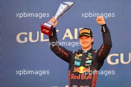 Dennis Hauger (DEN) MP Motorsport celebrates his second position on the podium. 04.03.2023. FIA Formula 2 Championship, Rd 1, Sprint Race, Sakhir, Bahrain, Saturday.
