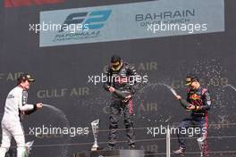 The podium (L to R): Ralph Boschung (SUI) Campos Racing, second; Theo Pourchaire (FRA) ART Grand Prix, race winner; Zane Maloney (BRB) Rodin Carlin, third. 05.03.2023. FIA Formula 2 Championship, Rd 1, Feature Race, Sakhir, Bahrain, Sunday.