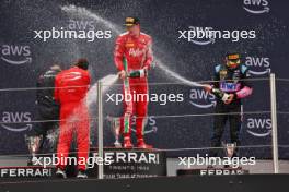 The podium (L to R): Theo Pourchaire (FRA) ART Grand Prix, second; Frederik Vesti (DEN) Prema Racing, race winner; Victor Martins (FRA) ART Grand Prix, third. 03.06.2023. FIA Formula 2 Championship, Rd 7, Sprint Race, Barcelona, Spain, Saturday.
