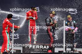 Enzo Fittipaldi (BRA) Rodin Carlin celebrates his second position on the podium with race winner Oliver Bearman (GBR) Prema Racing and second placed Victor Martins (FRA) ART Grand Prix. 04.06.2023. FIA Formula 2 Championship, Rd 7, Feature Race, Barcelona, Spain, Sunday.