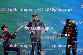 The podium (L to R): Zane Maloney (BRB) Rodin Carlin, second; Victor Martins (FRA) ART Grand Prix, race winner; Theo Pourchaire (FRA) ART Grand Prix, third. 09.07.2023. FIA Formula 2 Championship, Rd 9, Feature Race, Silverstone, England, Sunday.