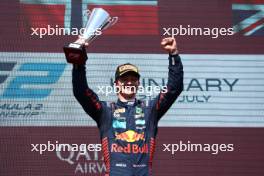 Race winner Dennis Hauger (DEN) MP Motorsport celebrates on the podium. 22.07.2023. FIA Formula 2 Championship, Rd 10, Budapest, Hungary, Sprint Race, Saturday.