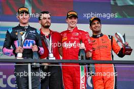 The podium (L to R): Jack Doohan (AUS) Virtuosi Racing, second; Frederik Vesti (DEN) Prema Racing, race winner; Jehan Daruvala (IND) MP Motorsport, third. 19.03.2023. FIA Formula 2 Championship, Rd 2, Feature Race, Jeddah, Saudi Arabia, Sunday.