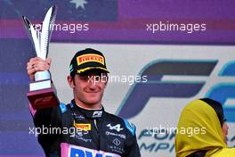 Jack Doohan (AUS) Virtuosi Racing celebrates his second position on the podium. 19.03.2023. FIA Formula 2 Championship, Rd 2, Feature Race, Jeddah, Saudi Arabia, Sunday.