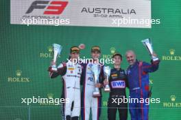 The podium (L to R): Gregoire Saucy (SUI) ART Grand Prix, second; Gabriel Bortoleto (BRA) Trident, race winner; Gabriele Mini (ITA) Hitech Pulse-Eight, third. 02.04.2023. FIA Formula 3 Championship, Rd 2, Feature Race, Melbourne, Australia, Sunday.
