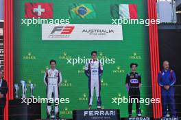 The podium (L to R): Gregoire Saucy (SUI) ART Grand Prix, second; Gabriel Bortoleto (BRA) Trident, race winner; Gabriele Mini (ITA) Hitech Pulse-Eight, third. 02.04.2023. FIA Formula 3 Championship, Rd 2, Feature Race, Melbourne, Australia, Sunday.