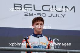 Race winner Taylor Barnard (GBR) Jenzer Motorsport on the podium. 30.07.2023. Formula 3 Championship, Rd 9, Feature Race, Spa-Francorchamps, Belgium, Sunday.