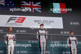 The podium (L to R): Christian Mansell (GBR) Campos Racing, third; Taylor Barnard (GBR) Jenzer Motorsport, race winner; Nikita Bedrin (ITA) Jenzer Motorsport, third. 30.07.2023. Formula 3 Championship, Rd 9, Feature Race, Spa-Francorchamps, Belgium, Sunday.