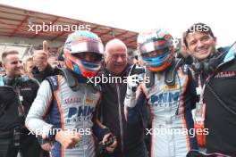 (L to R): Third placed Nikita Bedrin (ITA) Jenzer Motorsport celebrates with Andreas Jenzer, Jenzer Motorsport Founder, and race winner Taylor Barnard (GBR) Jenzer Motorsport in parc ferme. 30.07.2023. Formula 3 Championship, Rd 9, Feature Race, Spa-Francorchamps, Belgium, Sunday.