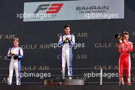 The podium (L to R): Oliver Goethe (GER) Trident, second; Gabriel Bortoleto (BRA) Trident race winner; Dino Beganovic (SWE) Prema Racing, third. 05.03.2023. FIA Formula 3 Championship, Rd 1, Feature Race, Sakhir, Bahrain, Sunday.