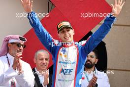 Race winner Gabriel Bortoleto (BRA) Trident celebrates on the podium. 05.03.2023. FIA Formula 3 Championship, Rd 1, Feature Race, Sakhir, Bahrain, Sunday.
