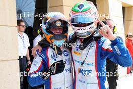 (L to R): second placed Oliver Goethe (GER) Trident and race winner Gabriel Bortoleto (BRA) Trident celebrate in parc ferme. 05.03.2023. FIA Formula 3 Championship, Rd 1, Feature Race, Sakhir, Bahrain, Sunday.