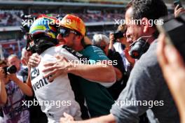 Race winner Josep Maria Marti (ESP) Campos Racing celebrates in parc ferme with Fernando Alonso (ESP) Aston Martin F1 Team. 04.06.2023. FIA Formula 3 Championship, Rd 5, Feature Race, Barcelona, Spain, Sunday.