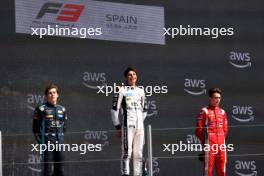 The podium (L to R): Franco Colapinto (ARG) MP Motorsport, second; Josep Maria Marti (ESP) Campos Racing, race winner; Dino Beganovic (SWE) Prema Racing, third. 04.06.2023. FIA Formula 3 Championship, Rd 5, Feature Race, Barcelona, Spain, Sunday.