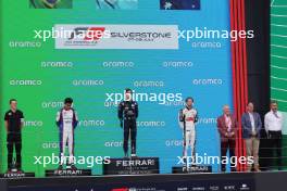 The podium (L to R): Gabriel Bortoleto (BRA) Trident, second; Franco Colapinto (ARG) MP Motorsport, race winner; Christian Mansell (GBR) Campos Racing, third. 08.07.2023. FIA Formula 3 Championship, Rd 7, Sprint Race, Silverstone, England, Saturday.