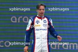Race winner Oliver Goethe (GER) Trident celebrates on the podium. 09.07.2023. FIA Formula 3 Championship, Rd 7, Feature Race, Silverstone, England, Sunday.