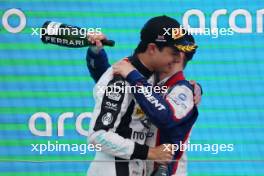 Race winner Oliver Goethe (GER) Trident celebrates on the podium with third placed Josep Maria Marti (ESP) Campos Racing. 09.07.2023. FIA Formula 3 Championship, Rd 7, Feature Race, Silverstone, England, Sunday.