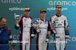 The podium (L to R): Leonardo Fornaroli (ITA) Trident, second; Oliver Goethe (GER) Trident, race winner; Josep Maria Marti (ESP) Campos Racing, third. 09.07.2023. FIA Formula 3 Championship, Rd 7, Feature Race, Silverstone, England, Sunday.