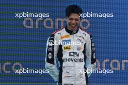 Josep Maria Marti (ESP) Campos Racing celebrates his third position on the podium. 09.07.2023. FIA Formula 3 Championship, Rd 7, Feature Race, Silverstone, England, Sunday.