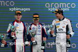 The podium (L to R): Leonardo Fornaroli (ITA) Trident, second; Oliver Goethe (GER) Trident, race winner; Josep Maria Marti (ESP) Campos Racing, third. 09.07.2023. FIA Formula 3 Championship, Rd 7, Feature Race, Silverstone, England, Sunday.