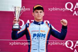 Nikita Bedrin (ITA) Jenzer Motorsport celebrates his third position on the podium. 22.07.2023. FIA Formula 3 Championship, Rd 8, Sprint Race, Budapest, Hungary, Saturday.