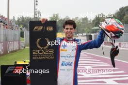 Second placed Gabriel Bortoleto (BRA) Trident celebrates winning the 2023 F3 Championship in parc ferme. 02.09.2023. Formula 3 Championship, Rd 10, Sprint Race, Monza, Italy, Saturday.