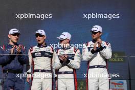 (L to R): race winners Oliver Jarvis (GBR), Joshua Pierson (USA), Tom Blomqvist (GBR) #23 United Autosports USA, on the LMP2 podium. 16.04.2023. FIA World Endurance Championship, Round 2, Six Hours of Portimao. Portimao, Portugal.