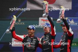 (L to R): Ryo Hirakawa (JPN), Brendon Hartley (NZL), Sebastien Buemi (SUI) #08 Toyota Gazoo Racing, second, on the podium.  29.04.2023. FIA World Endurance Championship, Rd 3, Six Hours of Spa, Spa Francorchamps, Belgium.