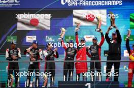The podium (L to R): Ryo Hirakawa (JPN), Brendon Hartley (NZL), Sebastien Buemi (SUI) #08 Toyota Gazoo Racing, second; Kamui Kobayashi (JPN), Mike Conway (GBR), Jose Maria Lopez (ARG) #07 Toyota Gazoo Racing, race winners. 29.04.2023. FIA World Endurance Championship, Rd 3, Six Hours of Spa, Spa Francorchamps, Belgium.