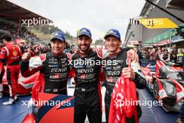 (L to R): Race winners  Kamui Kobayashi (JPN), Jose Maria Lopez (ARG) and Mike Conway (GBR) #07 Toyota Gazoo Racing, celebrate in parc ferme. 29.04.2023. FIA World Endurance Championship, Rd 3, Six Hours of Spa, Spa Francorchamps, Belgium.
