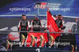 (L to R): Ryo Hirakawa (JPN), Brendon Hartley (NZL), Sebastien Buemi (SUI) #08 Toyota Gazoo Racing, second; Kamui Kobayashi (JPN), Mike Conway (GBR), Jose Maria Lopez (ARG) #07 Toyota Gazoo Racing, race winners, on the podium. 29.04.2023. FIA World Endurance Championship, Rd 3, Six Hours of Spa, Spa Francorchamps, Belgium.