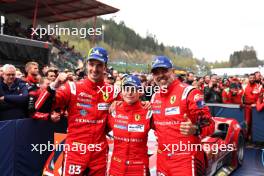 (L to R): Alessio Rovera (ITA), Lilou Wadoux (FRA) and Luis Perez Companc (ARG) #83 Richard Mille AF Corse Ferrari 488 GTE EVO, celebrate winning LM GTE AM in parc ferme. 29.04.2023. FIA World Endurance Championship, Rd 3, Six Hours of Spa, Spa Francorchamps, Belgium.
